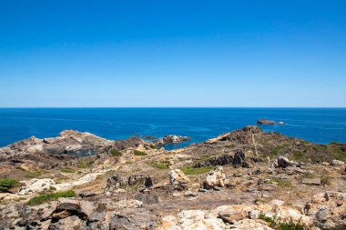 Koyu kremalı vahşi sahil, mavi deniz güneşli bir yaz günü.