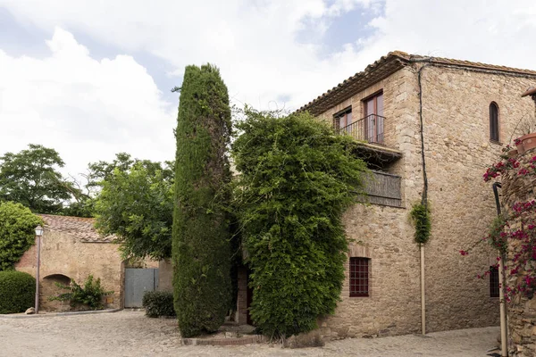 Antik taş binalar ve selvi ağacı dostlarda, İspanya 'da bir kaldırım taşı caddesini kaplıyor.
