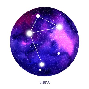 Galaksiler ve yıldız burçları ile suluboya dairesi. Yıldız burçları Koç burçları, Leo, Yay burcu, Oğlak burcu, Taurus, Başak burcu, Terazi, Kova, Gemini, Kanser, Akrep, Balık burcu.  