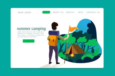 Çadırlı web sitesi konsepti. Web siteniz için vektör indirme sayfası ögesi. Yaz ya da bahar manzarası.