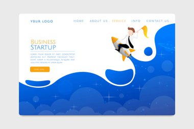 Elinde bir bayrak tutan iş adamları yıldızlı gökyüzünde uçan bir roket gemisinde oturuyorlar. İş konseptini başlat