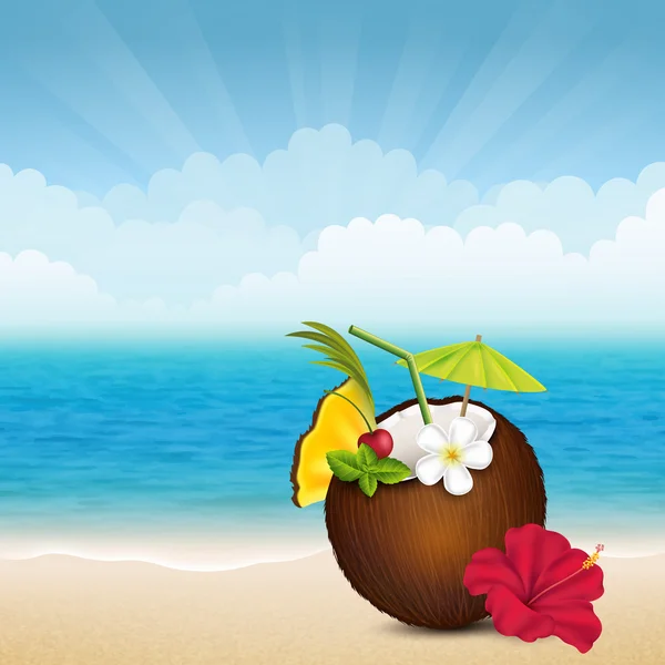 海滩在椰子鸡尾酒 — 图库矢量图片