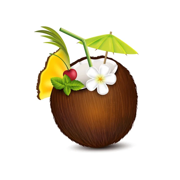 Tropical cocktail in coconut — Stock Vector