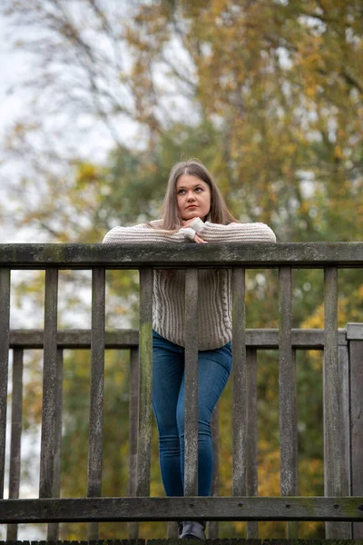 Młoda Atrakcyjna Kobieta Stojąca Moście Parku Przed Żółtymi Liśćmi Sezon — Zdjęcie stockowe