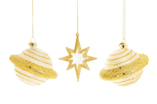 Planet Christmas Baubles Gold Star Isolated White — Stock Photo, Image