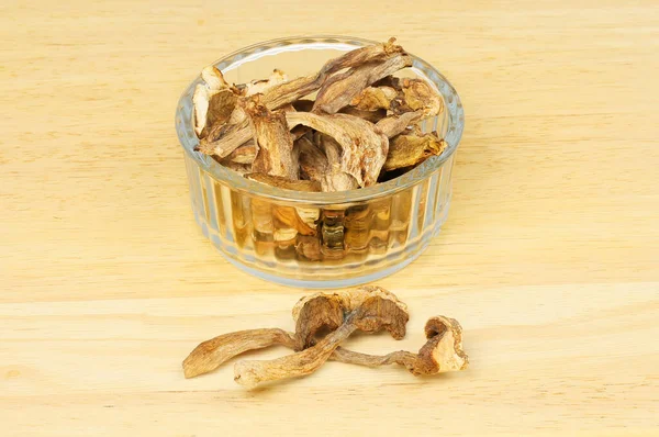 Dried Porcini Mushrooms Glass Ramekin Wooden Chopping Board — Stock Photo, Image