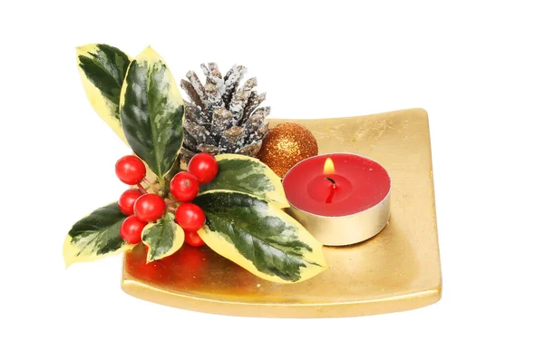 Pieza Central Mesa Navidad Acebo Variado Piña Bauble Vela Plato — Foto de Stock