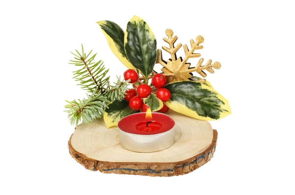 Décoration Table Noël Bougie Allumée Avec Houx Aiguilles Pin Étoile — Photo