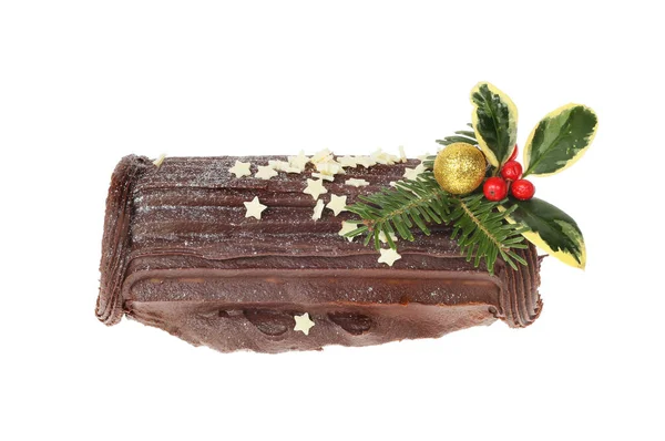 Chocolate Yule Log Decorated Holly Pine Needles Gold Bauble Isolated — Stock Photo, Image