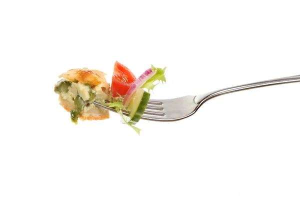 Quiche and salad on a fork — Stock Photo, Image