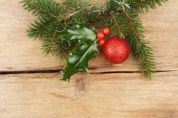 Pine and holly on wood — Stock Photo, Image