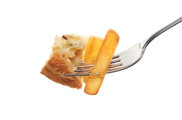 Chicken pie chips on fork — Stock Photo, Image