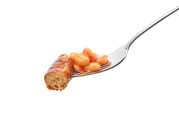 Sausage and beans on fork — Stock Photo, Image