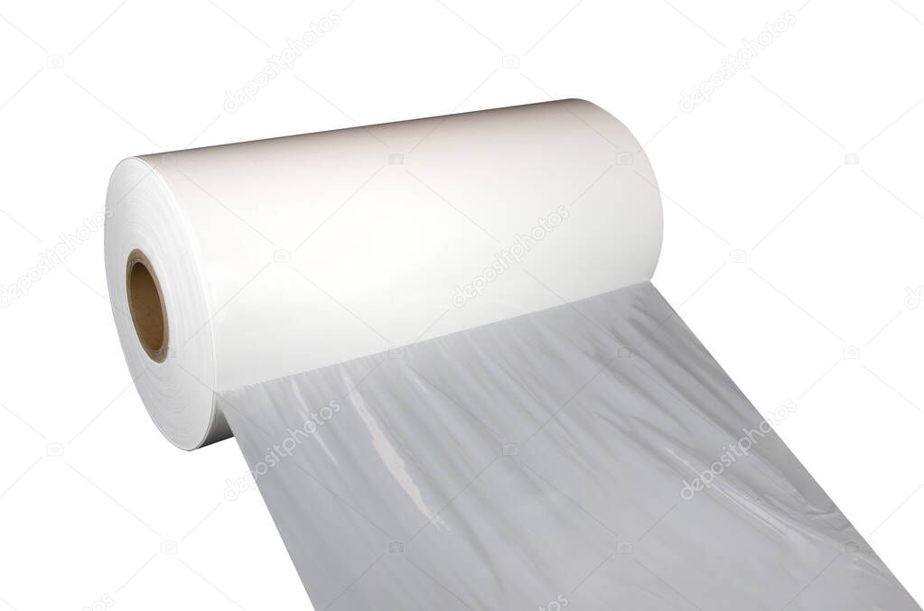 Roll of wrapping plastic stretch film on white background. Polypropylene or polyethylene rolls for packaging.