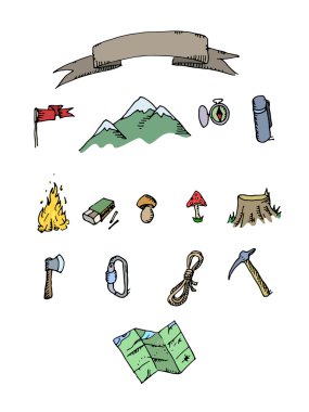 El renkli kamp macera set çekilmiş. Doodle öğeleri.