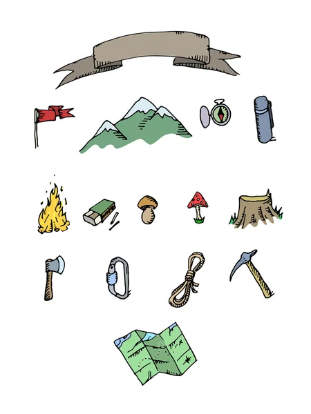 Conjunto de aventura de acampamento colorido desenhado à mão. Elementos doodle . —  Vetores de Stock