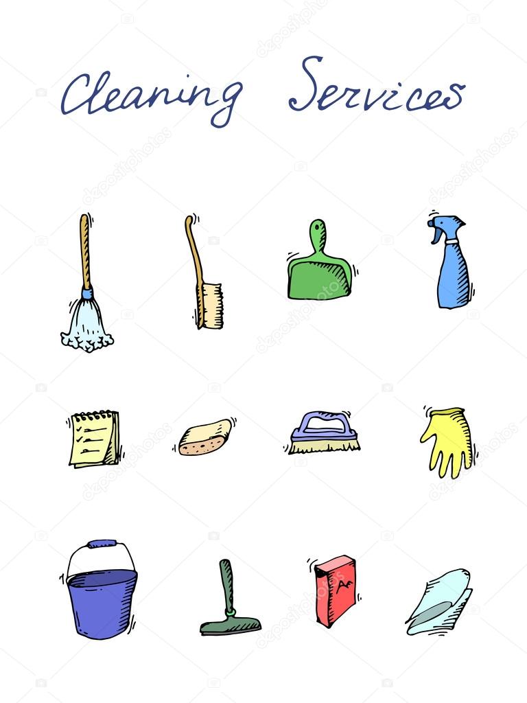 cleaning services doodle icon set