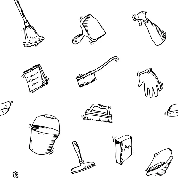 Modello doodle senza soluzione di continuità di icone per la pulizia della casa — Vettoriale Stock