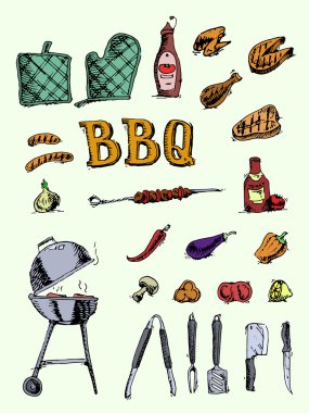 Mangal ve ızgara öğeleri kümesi doodle