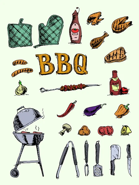 Doodle set barbecue en grill elementen — Stockvector