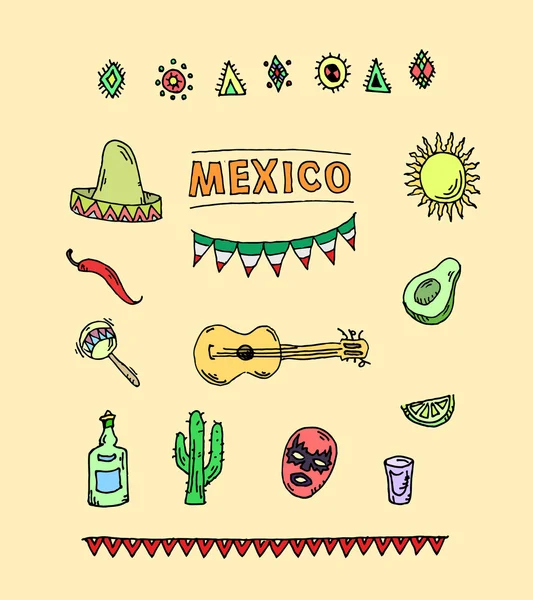 Conjunto de vetores desenhados à mão de símbolos mexicanos — Vetor de Stock