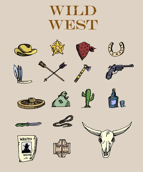 Handritad vilda västern ikoner set — Stock vektor