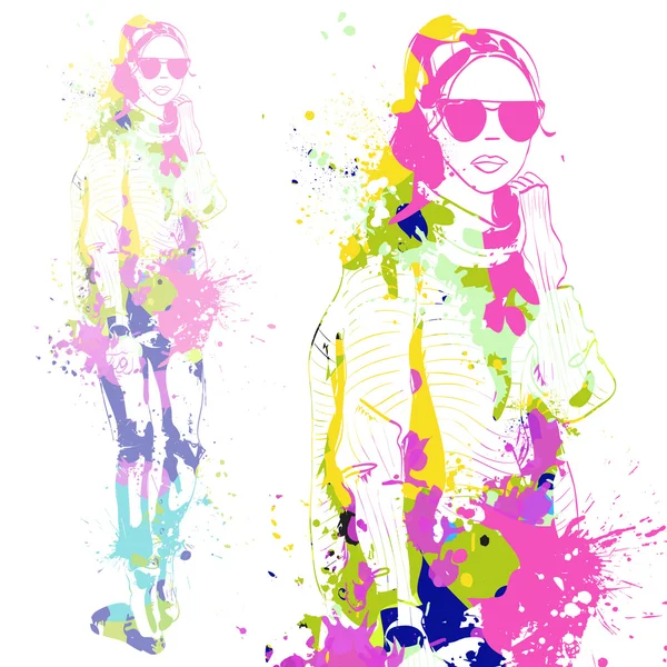 Fashion look girl with color splashes - Stok Vektor