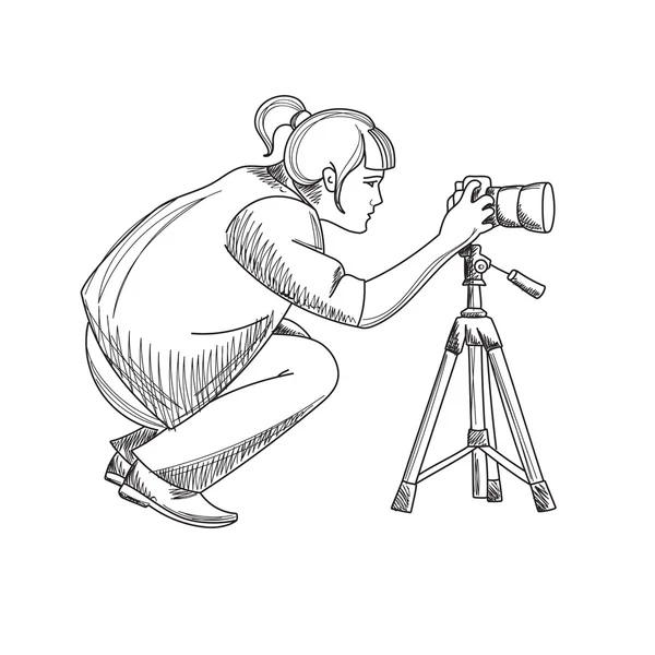 Ung kvinnlig fotograf fotografering — Stock vektor