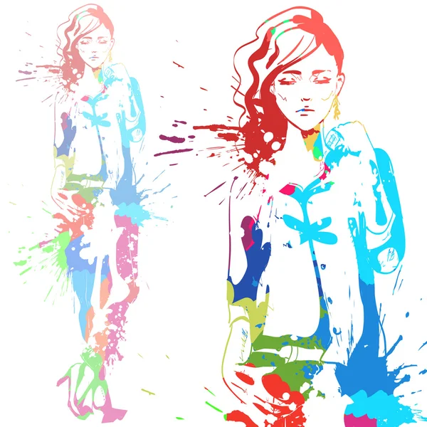 Fashion look girl with color splashes - Stok Vektor