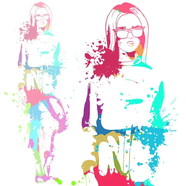 Fashion look girl with color splashes — Stock Vector