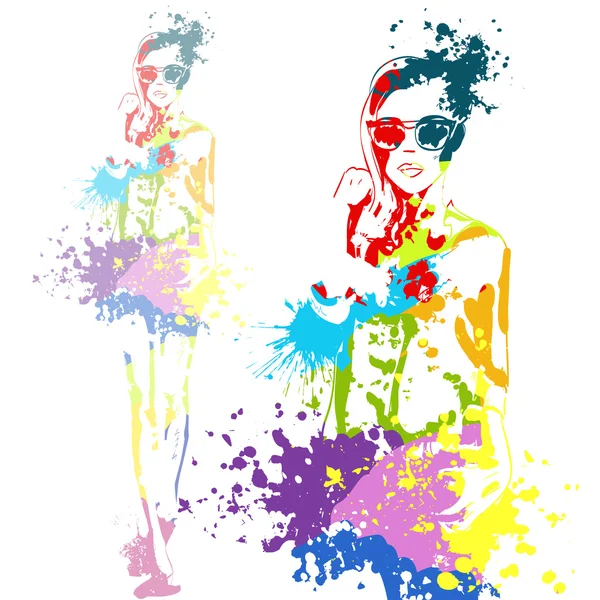 Fashion look girl with color splashes - Stok Vektor