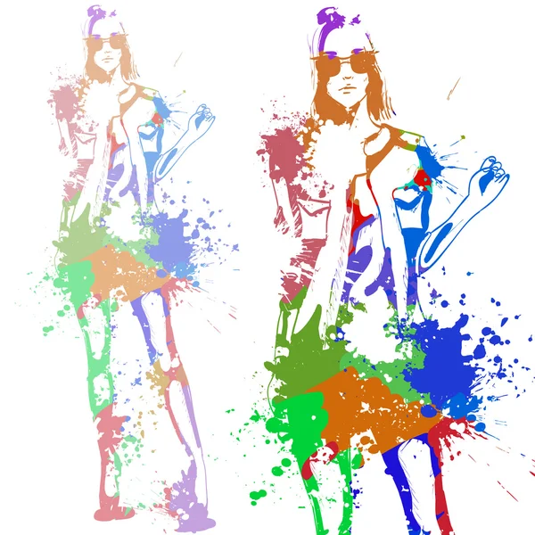 Chica mirada de moda con salpicaduras de color — Vector de stock