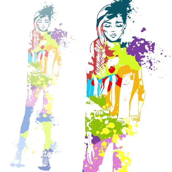 Chica mirada de moda con salpicaduras de color — Archivo Imágenes Vectoriales