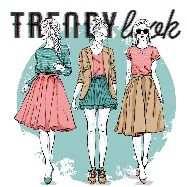 Set met trendy meisjes — Stockvector