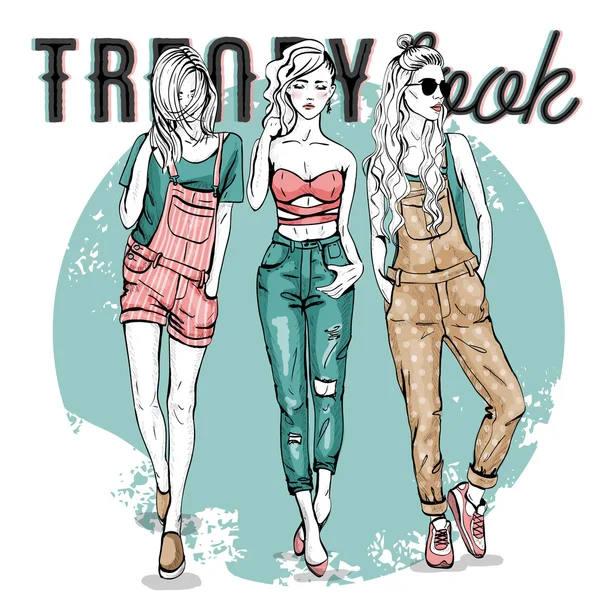 Conjunto con chicas de moda — Vector de stock