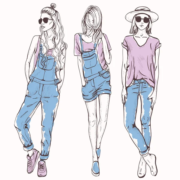 Conjunto con chicas de moda — Vector de stock