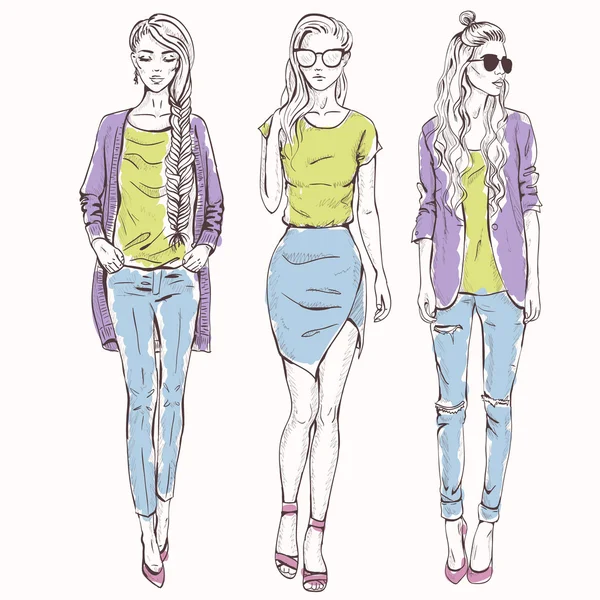 Conjunto con chicas de moda — Vector de stock