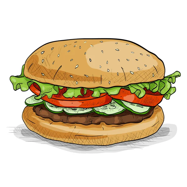 Hamburguesa, etiqueta engomada de imagen a color — Vector de stock