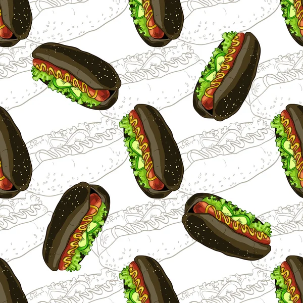 Modello senza soluzione di continuità scetch hot dog e colore — Vettoriale Stock