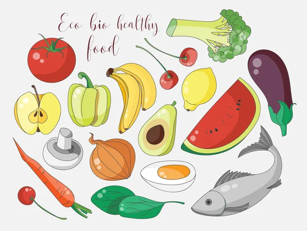 Olika hand dras Eco bio hälsosam mat — Stock vektor