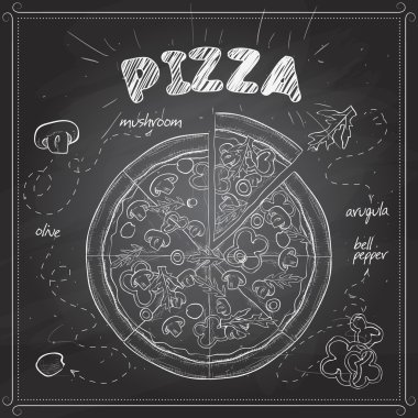 Mashrooms gözleri bir kara tahta üzerinde pizza