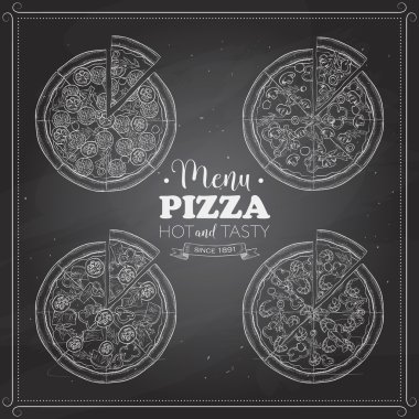 Bir kara tahta üzerinde pizza krokisi 4 türleri