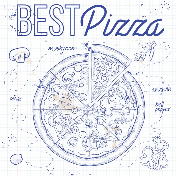 Pizza con lavabos en una página de cuaderno — Vector de stock