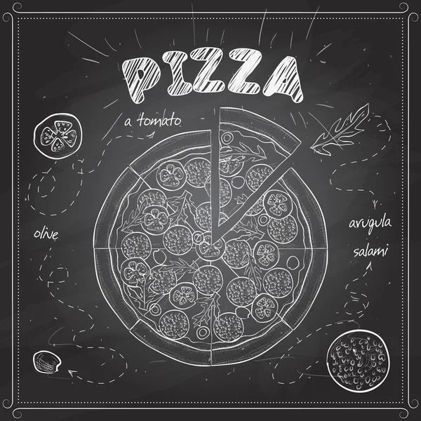 Pizza con boceto de salami en una pizarra negra — Vector de stock