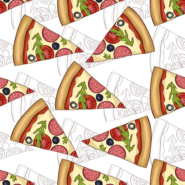 Patrón sin costuras pizza salami scetch y color — Vector de stock