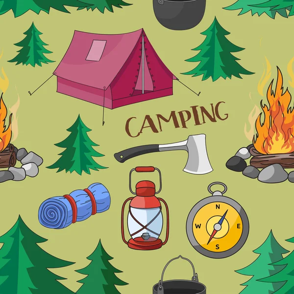 Camping mönster med utrustning symboler — Stock vektor