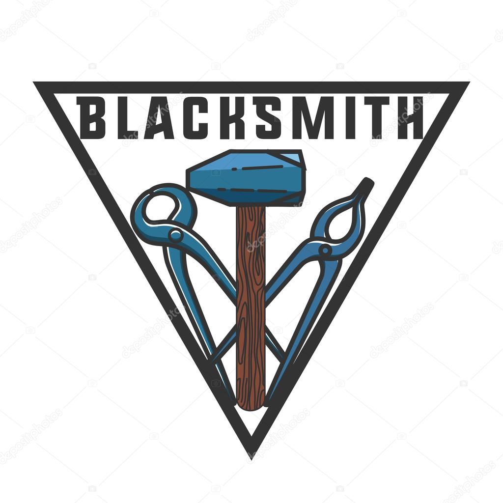 Color vintage Blacksmith emblem. Blacksmith theme- working craftsman hammers anvil chain horseshoe wheat and inscriptions isolated vector illustration
