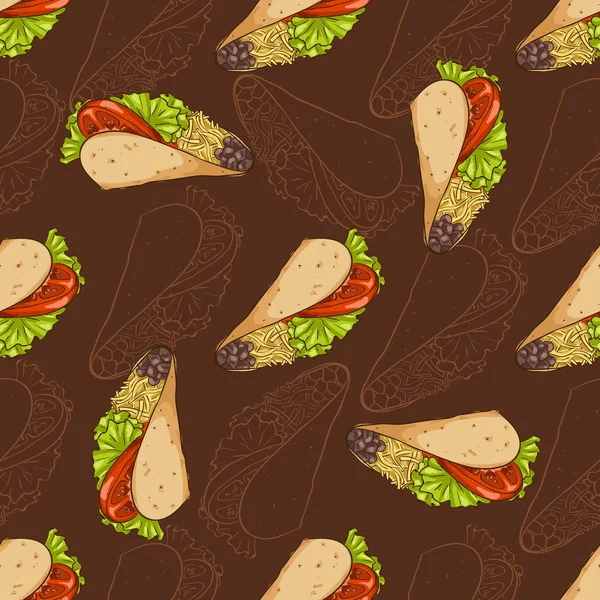 Seamless mönster skisser och färg taco — Stock vektor