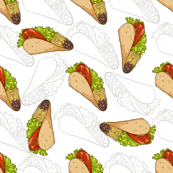 Naadloze patroon taco scetch en kleur — Stockvector
