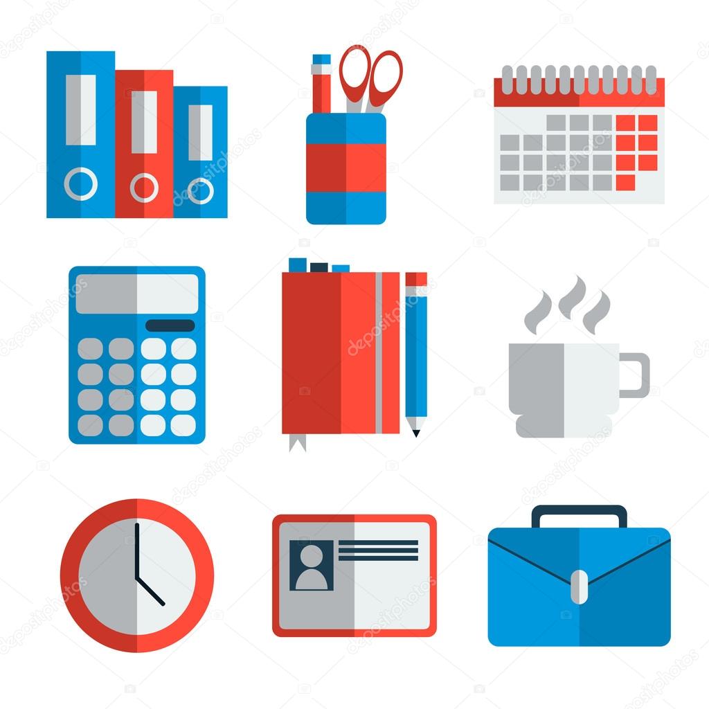 Flat line icons set of office objects, business items, working elements, desk supplies, everyday equipment. Modern trend design style vector concept. Isolated on white background.